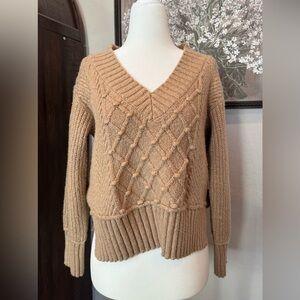 Anthropologie Camel Cable-Knit V-Neck Sweater